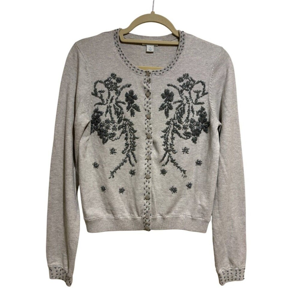 Sundance Size S Floral Beaded Button Front Cardigan Long Sleeve Crew Neck Gray